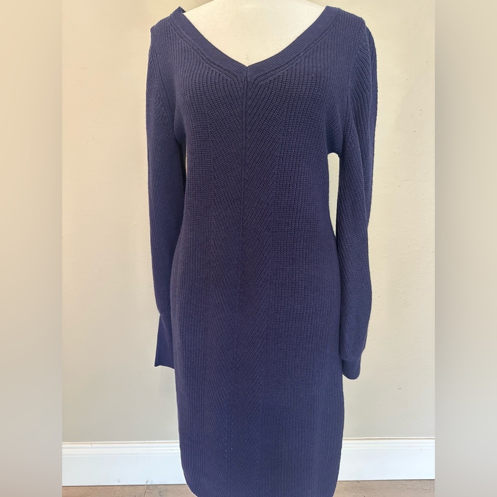 White House Black Market Blue Ribbed V-Neck Sweater Dress